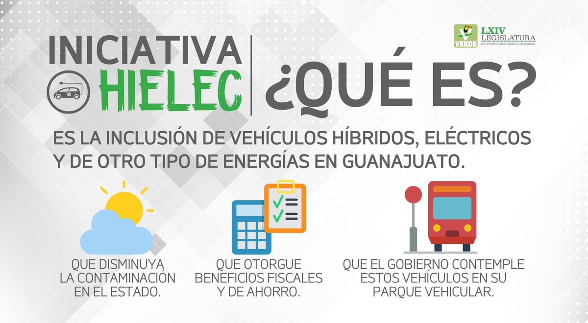 DipVerdeGto's tweet photo. Te contamos qué es la iniciativa #HIELEC🚙💨.
👉🏼 Somos pioneros en proponerla.
👉🏼 Esta iniciativa busca que los guanajuatenses tengamos salud y medio ambiente ideales para una mejor calidad de vida.
👉🏼 Seguiremos trabajando día a día #PorGuanajuato. https://t.co/c9RpjzqQrn