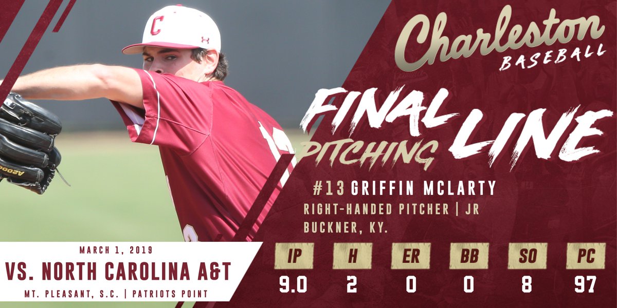 FINAL LINE | COFC 8, NCAT 1 |
McLarty spins his second career complete game to earn the win, striking out eight and allowing one unearned run on two hits! #comeCus