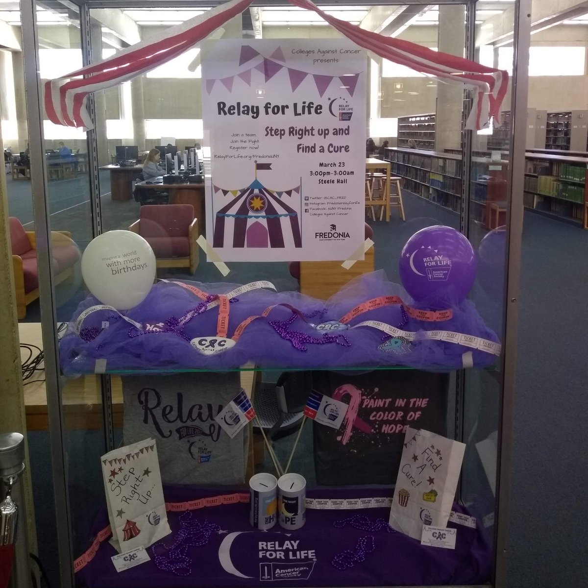 FredoniaRelay's tweet photo. Step right up and find a cure! Stop by our display case in Reed Library and don't forget to register your club for relay! #fightlikeabluedevil https://t.co/Yx88K00Y6y