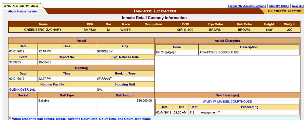 JewishOdysseus's tweet photo. Cowardly thug #ZacharyGreenberg's book-in sheet (he slugged @CampusReform rep at #BerkeleyAssault) from the Alameda County Jail--bail set at $30,000 for felony assault:  #cpac #CPAC2019 #MAGA #KAG #tcot #teaparty https://t.co/72tMuAuHlS