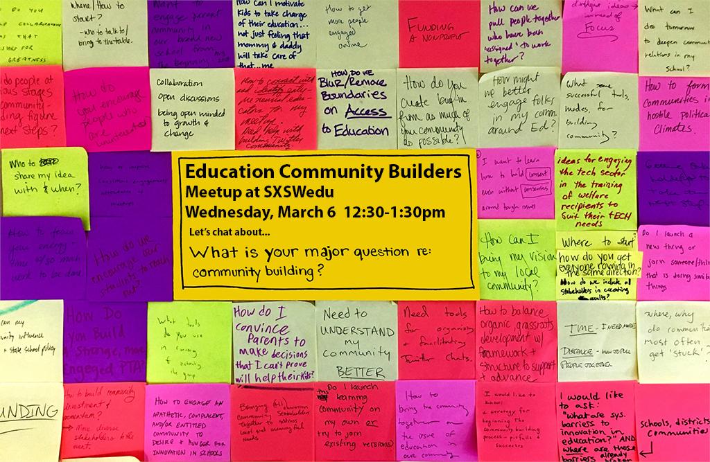 If you love bringing education community people together, come jam with fellow community builders at our own special #SXSWedu meetup to share ideas on how to make all of our education communities thrive! 
Add to your schedule @ schedule.sxswedu.com/2019/events/PP…
#educommunity #eduawesome