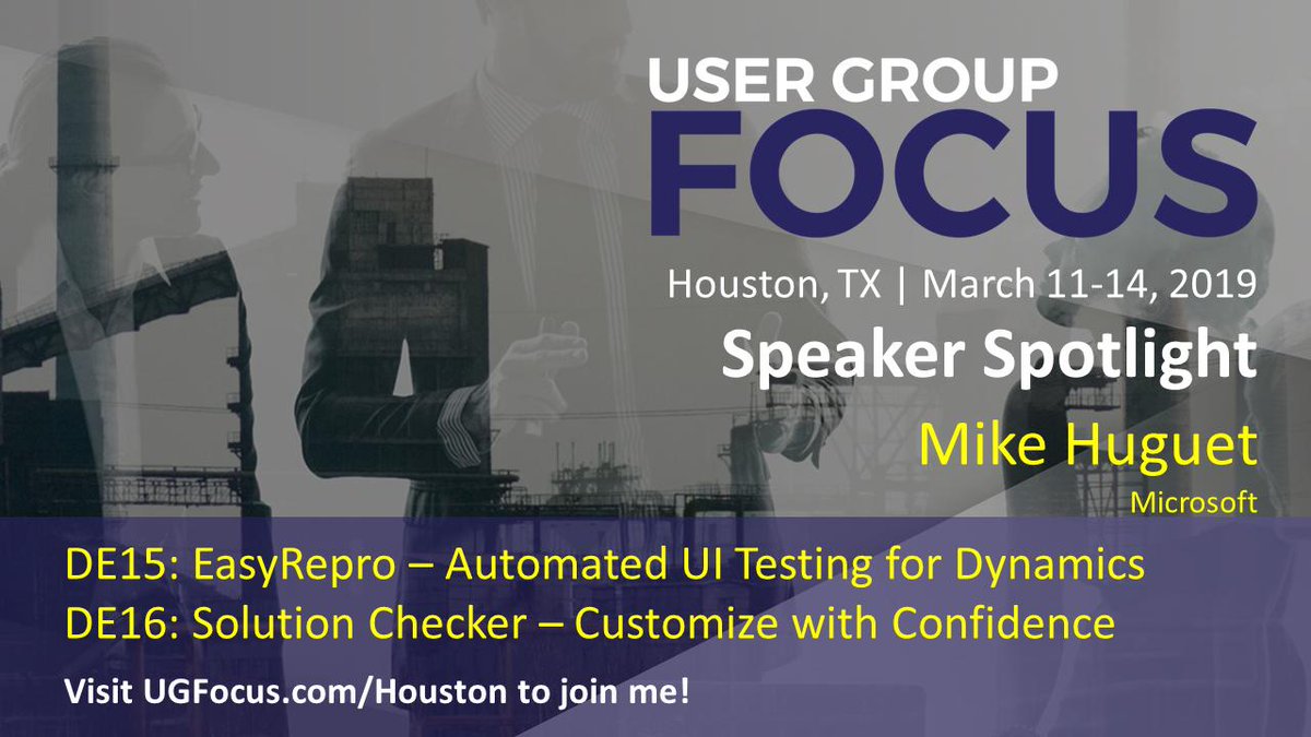 mhuguet's tweet photo. My coworker, Grant Geiszler, and I are co-leading deep dive sessions on EasyRepro and Solution Checker at #UserGroupFocus in Houston - will YOU be there? https://t.co/CHIbm5qKgq
#MSDYN365 #MSDYNCRM #PowerPlatform #solutionchecker #easyrepro #PowerApps https://t.co/YmGjpXyk8R
