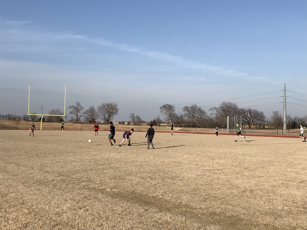 DNMSsoccer's tweet photo. What’s that?! The sun?! A soccer field?! Finally a chance to be outside and playing on the grass in the fresh air. #worthit #snowtomorrow @DNMSFalcons https://t.co/zn1zKEo4nk