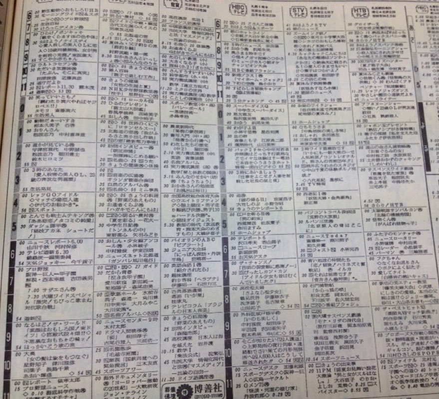 1983年の北海道番組表。左からUHB NHK ETV HBC STV HTB。 #フジテレビ