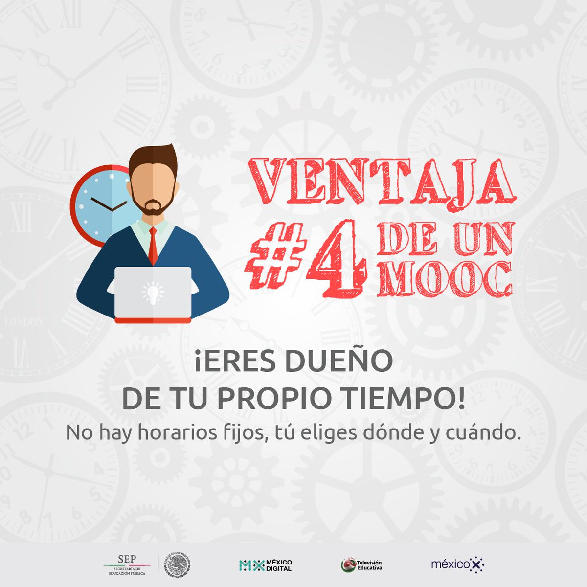 CursosAprendeMX's tweet photo. #VentajasDeUnMOOC Tú eliges cuándo y dónde realizar los cursos. No esperes más, inicia hoy mismo; todos los cursos de #MéxicoX son #gratis y cualquier persona puede inscribirse. 😉

Conoce todos la oferta educativa aquí: https://t.co/YaFcx3pmDm https://t.co/3NR95q9CFn