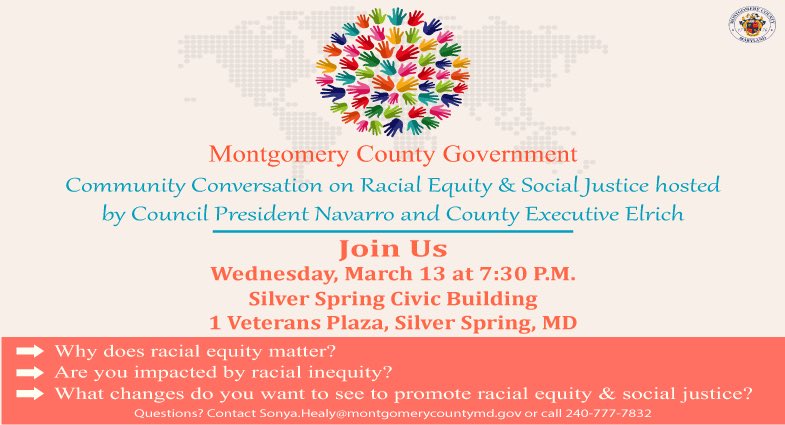 MoCoCouncilMD's tweet photo. You’re invited! Join us on March 13 at 7:30 p.m. at the Silver Spring Civic Building for a community conversation on racial equity and social justice. 👀 for more info. https://t.co/YzKGLoZbs9
#EquityMattersInMoCo #SocialJustice #Equity #EquityForAll https://t.co/gQXXxPVS3v