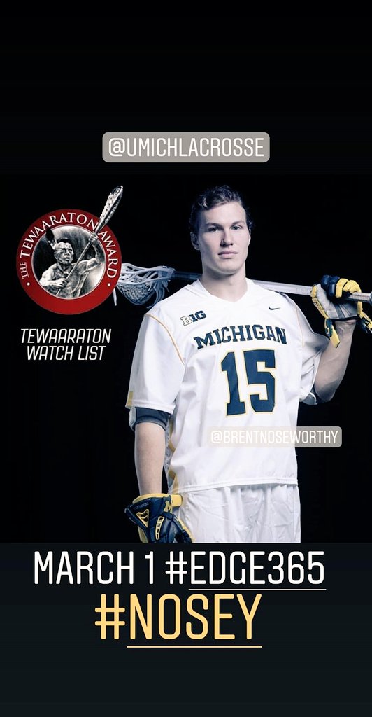 EdgeLacrosse's tweet photo. March 1 #edge365 congrats to @BrentNoseworthy who was named to the 2019 Tewaaraton watch list! π π #wolverines https://t.co/8i28wo7wsN