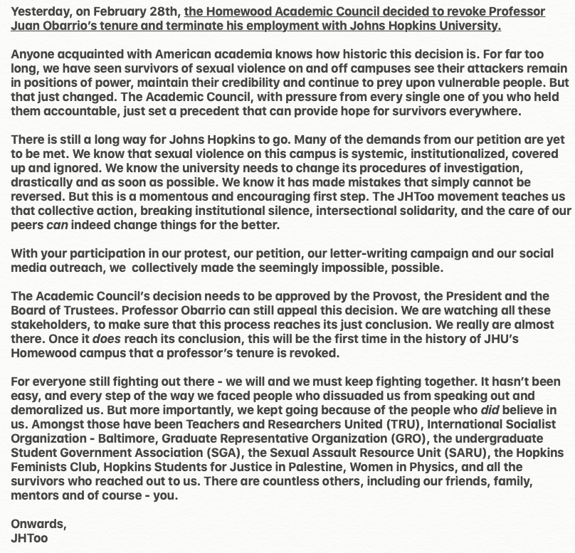JHUmetoo's tweet photo. THE ACADEMIC COUNCIL VOTED TO REVOKE PROFESSOR JUAN OBARRIO'S TENURE AND TERMINATE HIS EMPLOYMENT. THIS IS HISTORIC. #Ibelieveher #metoo #jhtoo #academictwitter #phdchat #anthrotwitter #hautalk #metooSTEM https://t.co/SFURmVHSk2