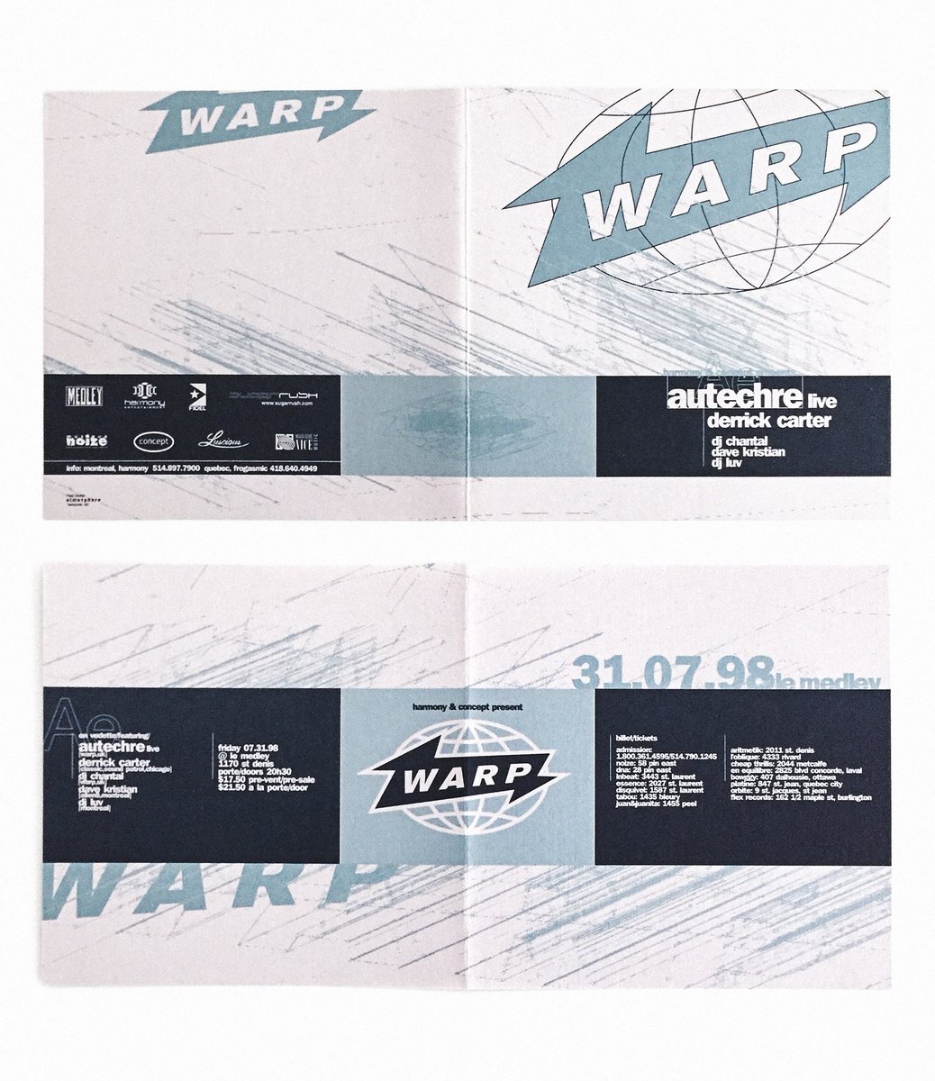 atmos_design's tweet photo. One from our flyer designs past archives...Warp Records night, Autechre and Derrick Carter. Montreal, 98.... #clubflyers #autechre #warprecords https://t.co/DzxUpHO1ta