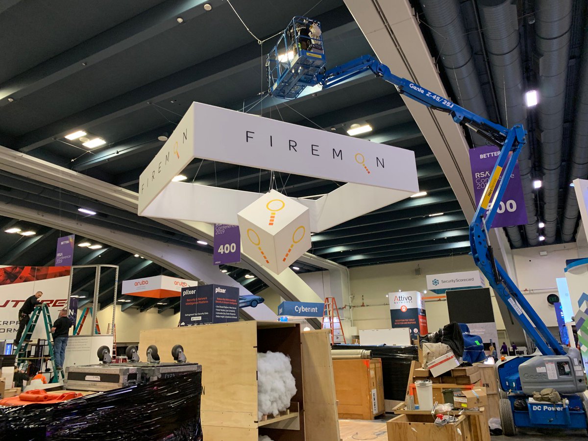 FireMon's tweet photo. #TeamFireMon has been full steam ahead with #RSAC19 preparations. Happy to get an update from our extended team members that our booth is going up! Come see the finished product next week! Booth #443 South Hall #FMatRSAC https://t.co/L5VAJSeMrD