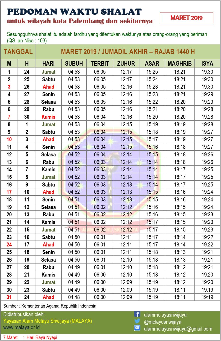 Jadwal Sholat Kota Palembang Bulan Maret 2019 – Yayasan Alam Melayu