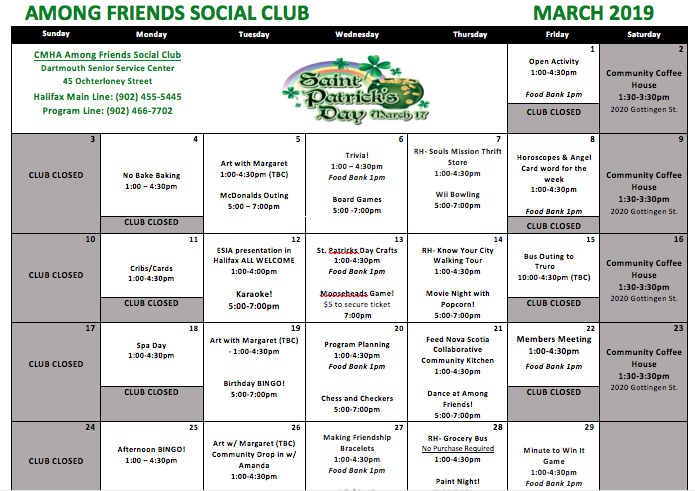 CMHAHalDart's tweet photo. Social Clubs Schedules – March 2019 https://t.co/2PhzwkUQQZ https://t.co/Qc343MWDhp