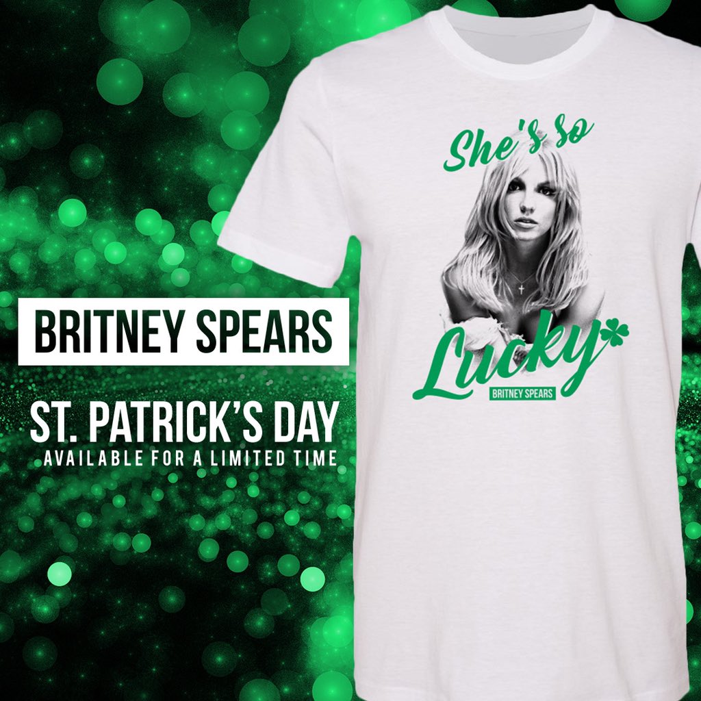 🍀 For a limited time only, a brand new St. Patrick's themed "Lucky" t-shirt is now available in the official store!! Place your order by March 7th in order to get it in time for the holiday 💚💚 store.britneyspears.com