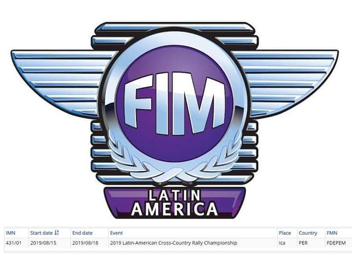 Única Válida Campeonato Latinoamericano 
Rally Cross Country 2019
IMN 431/01
Fecha: 15 al 18 de Agosto del 2019
Lugar: Ica
País: Perú
FMNR: FDEPEM