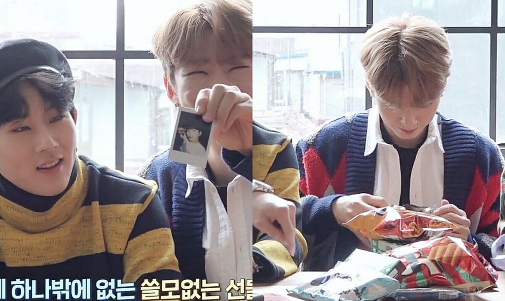 hyungwonope's tweet image. random gifts MONSTA X received from members

Minhyuk - eye drop from HW
Hyungwon - ergonomic pillow from IM
Shownu - soap candle from JH
Joohoney - Kihyun polaroid from MH
Kihyun - snacks from SN
Changkyun - sweet potato health drink from WH
Wonho - medicine from KH