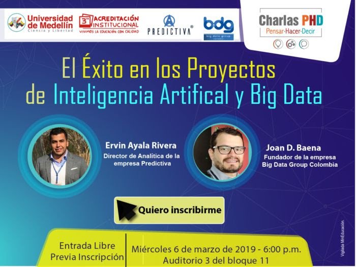 Cordialmente invitados. 
Un gusto poder compartir un evento con <a href="/ervin_ayala/">Ervin Ayala</a>  de <a href="/PREDICTIVA_CO/">PREDICTIVA</a> 
Lugar:  <a href="/UdeMedellin_/">Universidad de Medellín</a> 
#BigData #InteligenciaArtificial <a href="/JoanDBaena/">Joan D Baena ®</a> 
meetup.com/es-ES/bigdatac…