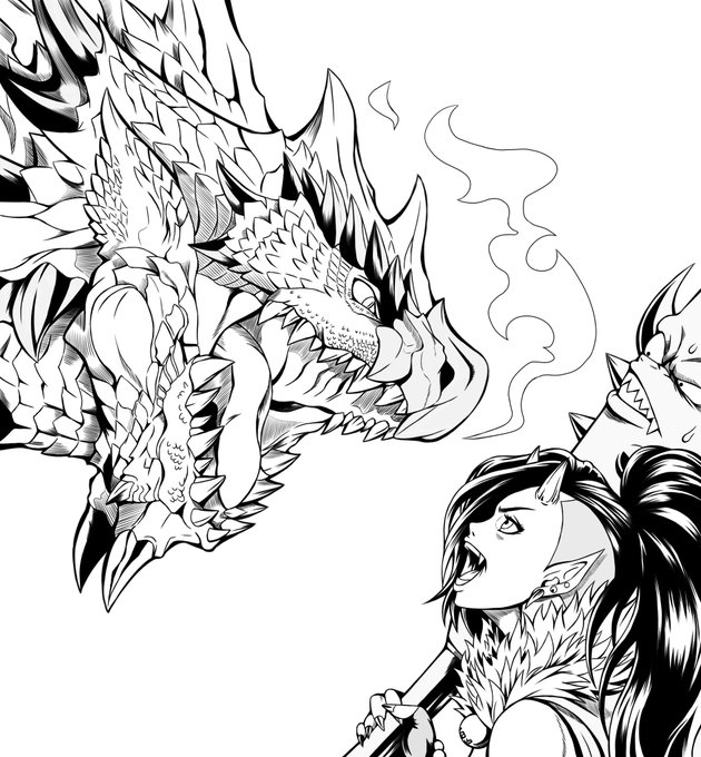 モンスターハンターから
リオレウス(&amp;鬼姐さん?)
線画。

レウスと戯れる姐さんです笑

#モンハン #鬼 #モンスターハンター #イラスト #illust  #リオレウス 