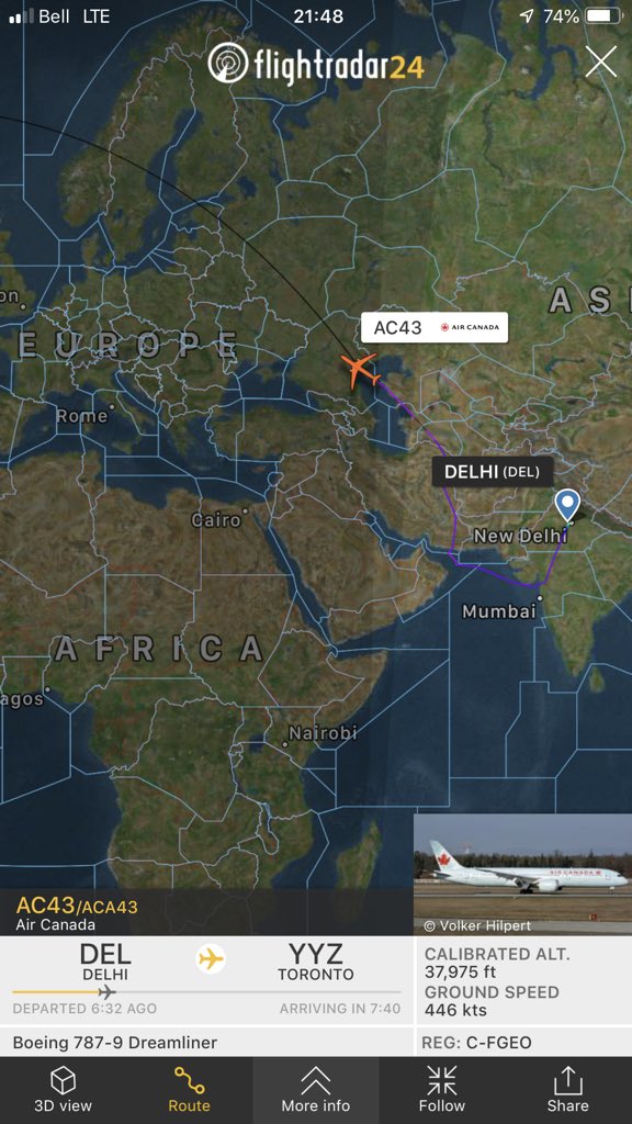 TomPodolec's tweet photo. 🔀 DIVERSION (Planned)
Air Canada #AC45 just departed Delhi enroute Vancouver and #AC43 to Toronto is well enroute from Delhi. Both flights will be stopping in Copenhagen for a tech stop. Due to Pakistani airspace closure a longer route is being flown. https://t.co/2gyPcMIwJ8