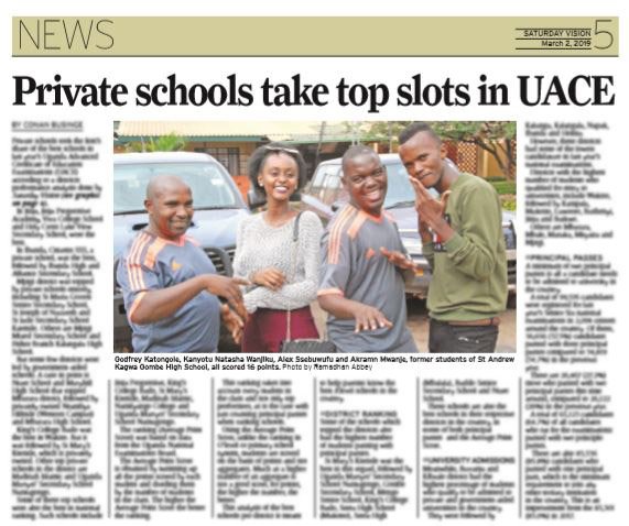 newvisionwire's tweet photo. In the @SaturdayVision ,

Private schools take top slots in #UACE2018.

More details in the #EPAPER via - https://t.co/dsoPSrJ0P3 https://t.co/LmhQ3p7E3q