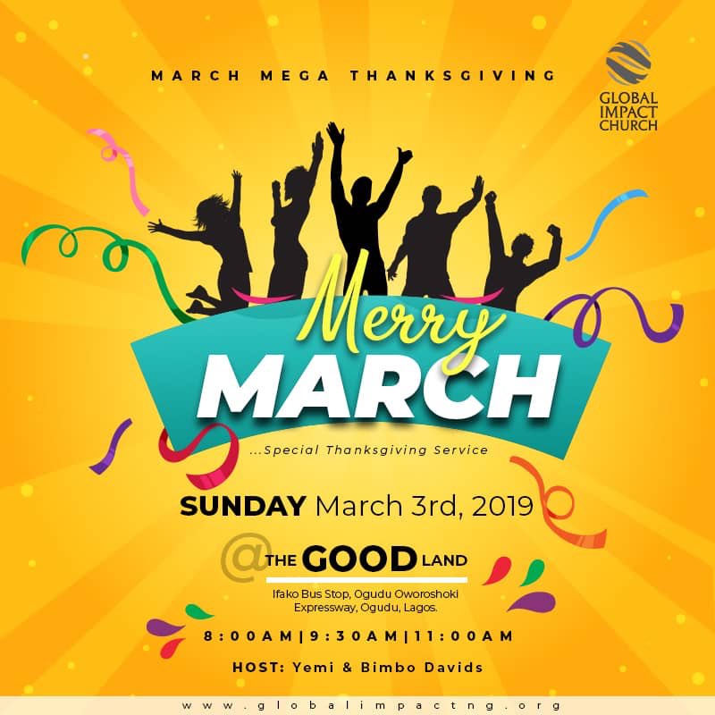 Global_ImpactNG's tweet photo. HEARTFELT THANKSGIVING ensures & seals our testimonies.
Join us in any of our 4 mega Thanksgiving services tomorrow at the Goodland & our Surulere Centre (7am).
Invite a friend.
#MerryMarch
#GlobalImpactNG https://t.co/LzhJyqVWDQ