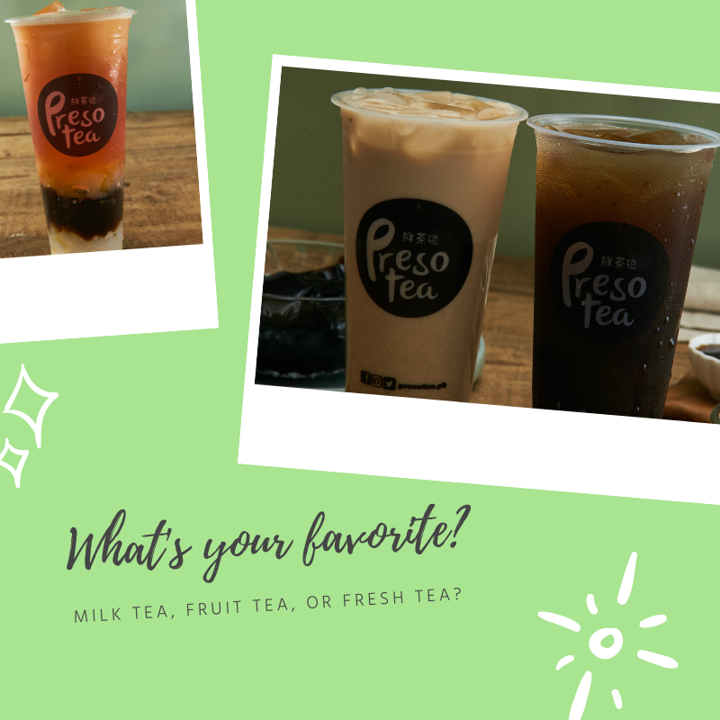 PresoteaPH's tweet photo. What's your favorite? Comment 👍 for milk tea, 💚 for fruit tea, and 😃 for fresh tea! #PresoteaPH #brew2order #teapresso #fresh #Tea #teatime #tealife #ilovetea #tealover #healthy https://t.co/DxGCBLTrjQ