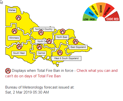 #TotalFireBan tomorrow, 3rd March 2019 for the entire state of Victoria.
See: cfa.vic.gov.au/warnings-restr…
#Vicfires