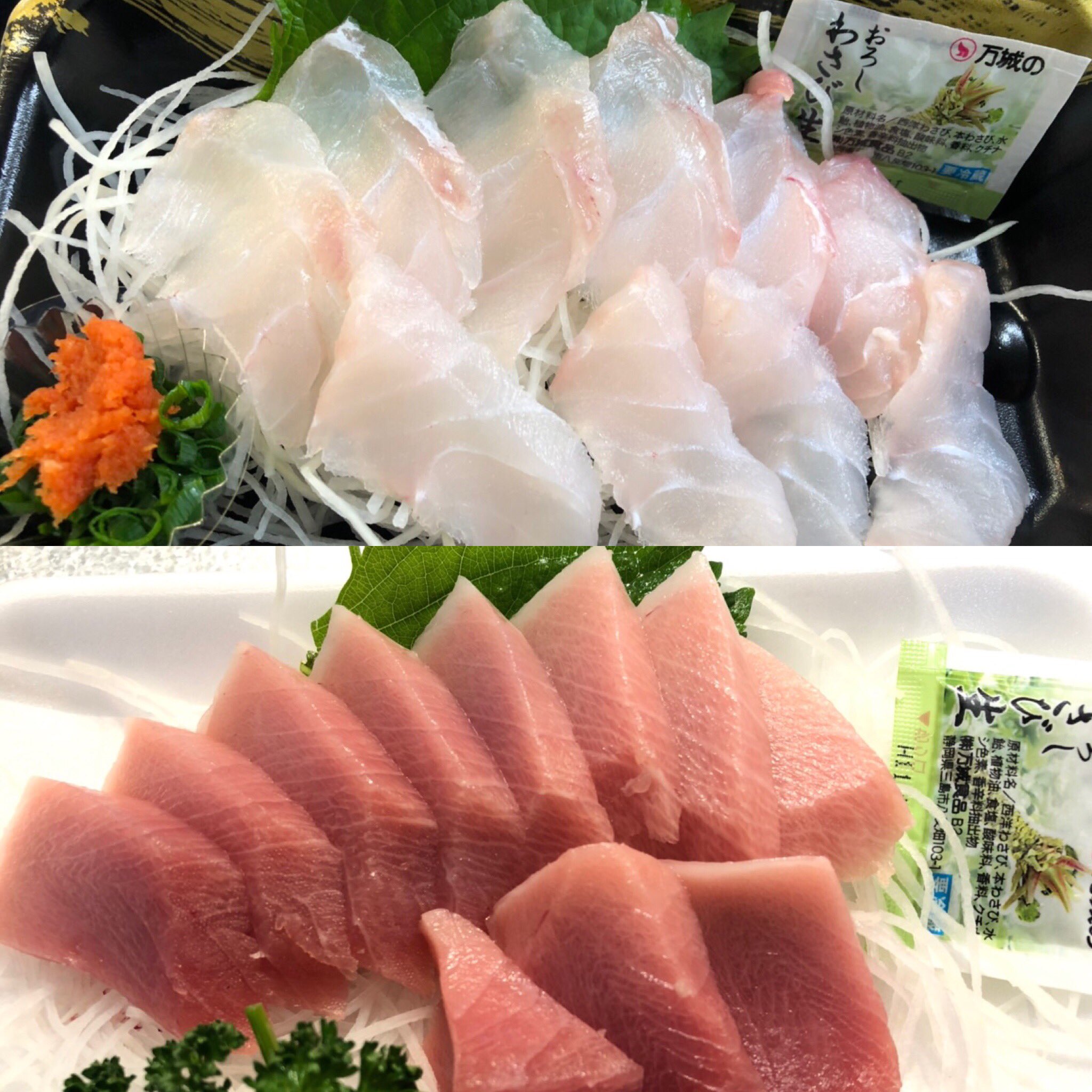 博多の魚屋さん おぎはら鮮魚店 本日も大きなヨコワマグロの解体してお刺身出してます O 上の画像は朝イチにご紹介しましたオオモンハタのお刺身です O どちらも1パック500円 お客様のお越しをおまちいたしております 刺身 おすすめ