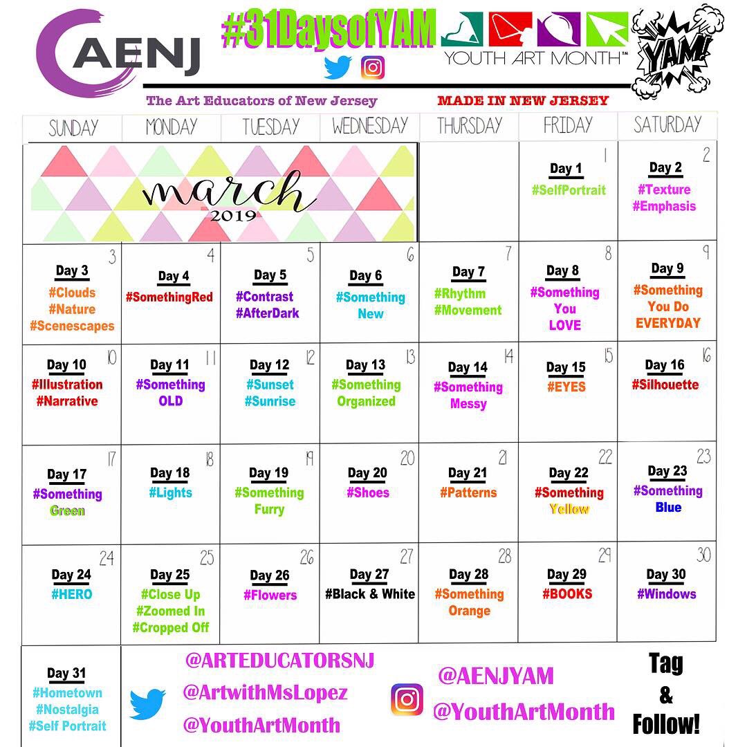 artwithmslopez's tweet image. So it’s officially March and #youthartmonth !! #youthartmonth2019 kicks off with the #31DaysofYAM calendar 🥳🎉post daily! Also @ArtEducatorsNJ has #yamshows all across New Jersey in each county! Check the calendar to find out when yours is!  @ArtsEdNJ NJ STATE YAM IS MARCH 8!