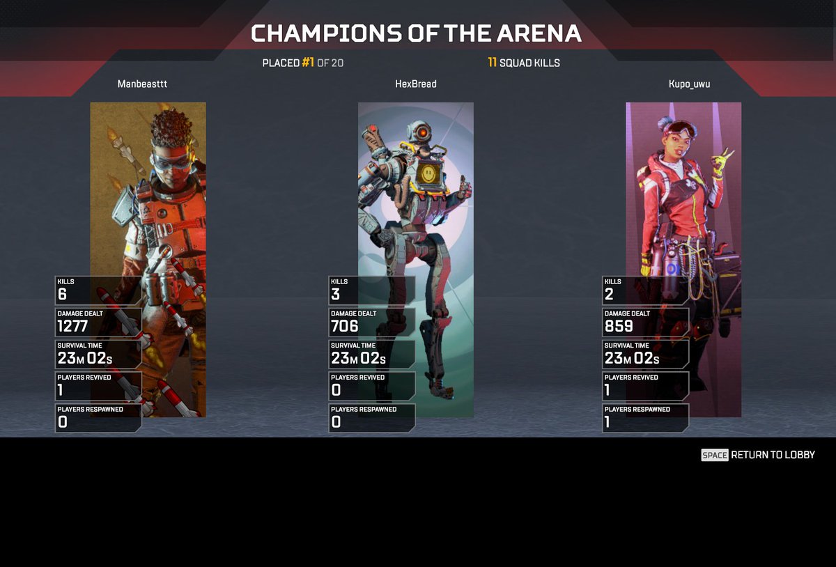 1st game of the day! Ended that bad boy with a win and 6 kills! Let's stack on some more dubs!

twitch.tv/manbeasttt

#apexlegends #battleroyale #champion #squadcarry #twitch #ttv #manbeasttt #beastmode