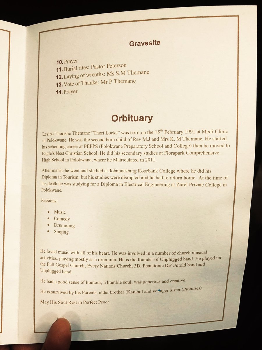 tumisole's tweet image. #JusticeForThoriso

#CountryDuty

#ThorishoThemaFuneral

Proposed Funeral Programme