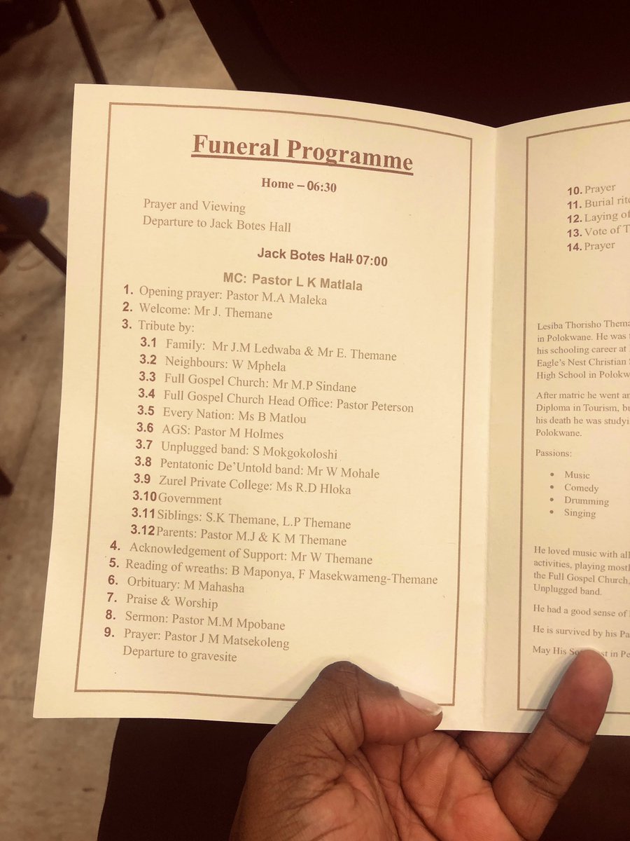 tumisole's tweet image. #JusticeForThoriso

#CountryDuty

#ThorishoThemaFuneral

Proposed Funeral Programme