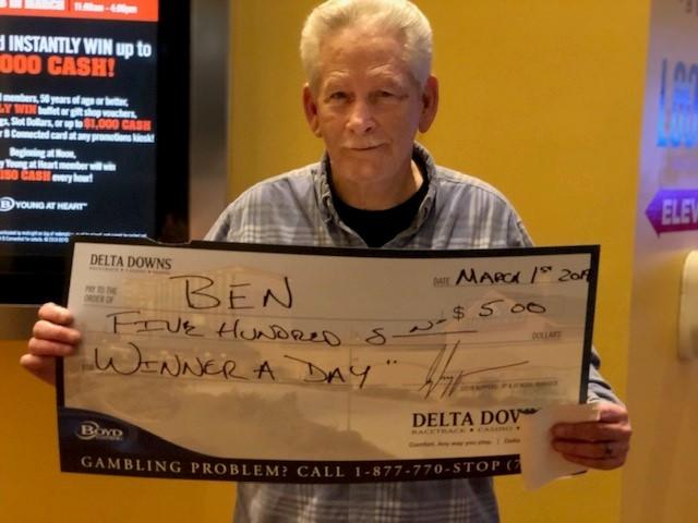 DeltaDowns's tweet photo. Ben won a $500 CASH PRIZE and became our first Winner A Day for March! Join us between noon - 8:00pm today to see if you can win up to $1,000 CASH! Visit https://t.co/OoGRu3KlBf for details. #WinnerADay #DeltaDowns https://t.co/ZtbBAVSIOf