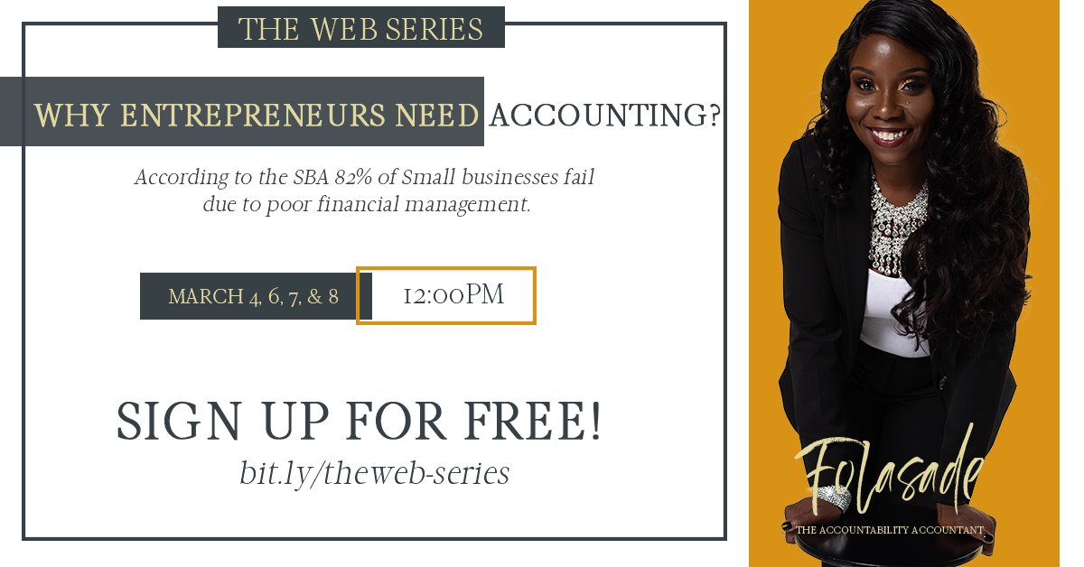 FolasadeAyegbus's tweet photo. Just 1 Day to Go....
WHY ENTREPRENEUR NEED ACCOUNTING? The Web-Series Streaming live on Mar 4, 6, 7 and 8. Sign up for free. https://t.co/nuIxrAxPp5
#webseries #whyentrepreneurneedaccounting #accounting #startup #folasadetheaccountant #enrepreneur #accounts #startupphase https://t.co/k6IEj3Oe6a