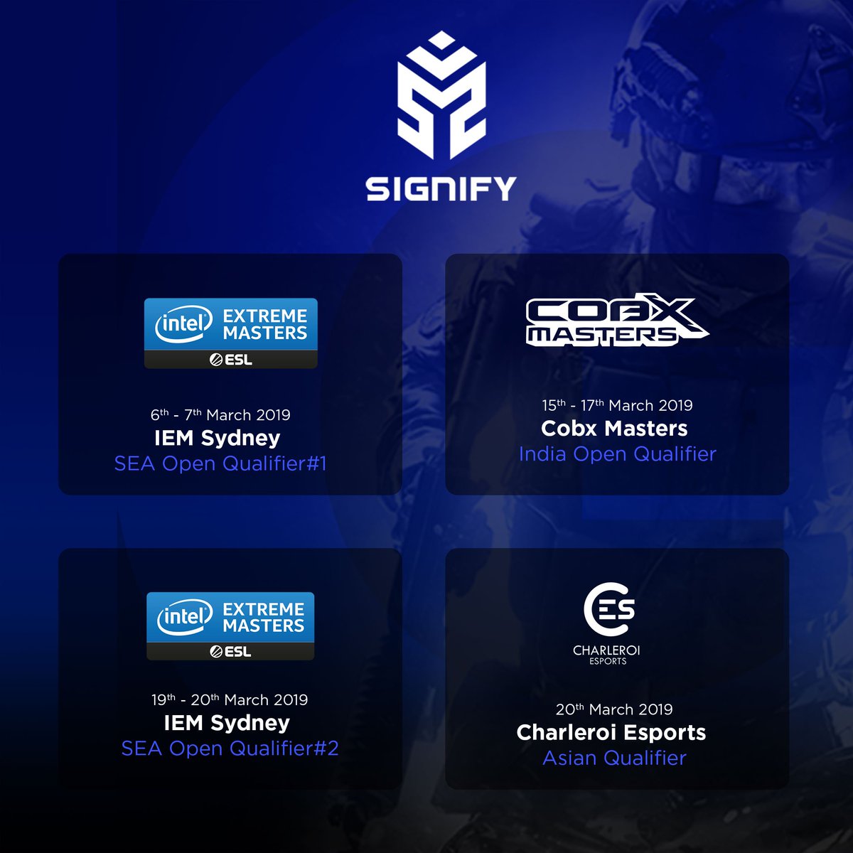 SignifyCSGO's tweet photo. As we approach the new Counter-Strike season, we will be playing a few qualifiers this month. Here is what is in store for us in the coming weeks.

Do tune in and cheer for us!! 😊💪 https://t.co/0rULskSRw8