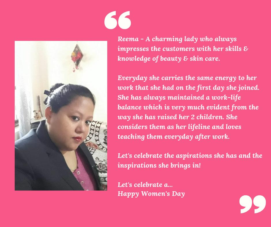 Reema - A charming lady who always impresses the customers with her skills and knowledge of beauty and skin care.

Ever met Reema or had an at home salon service appointment with her? Share your experience to celebrate this Women's Day with our heroes, the she-roes!