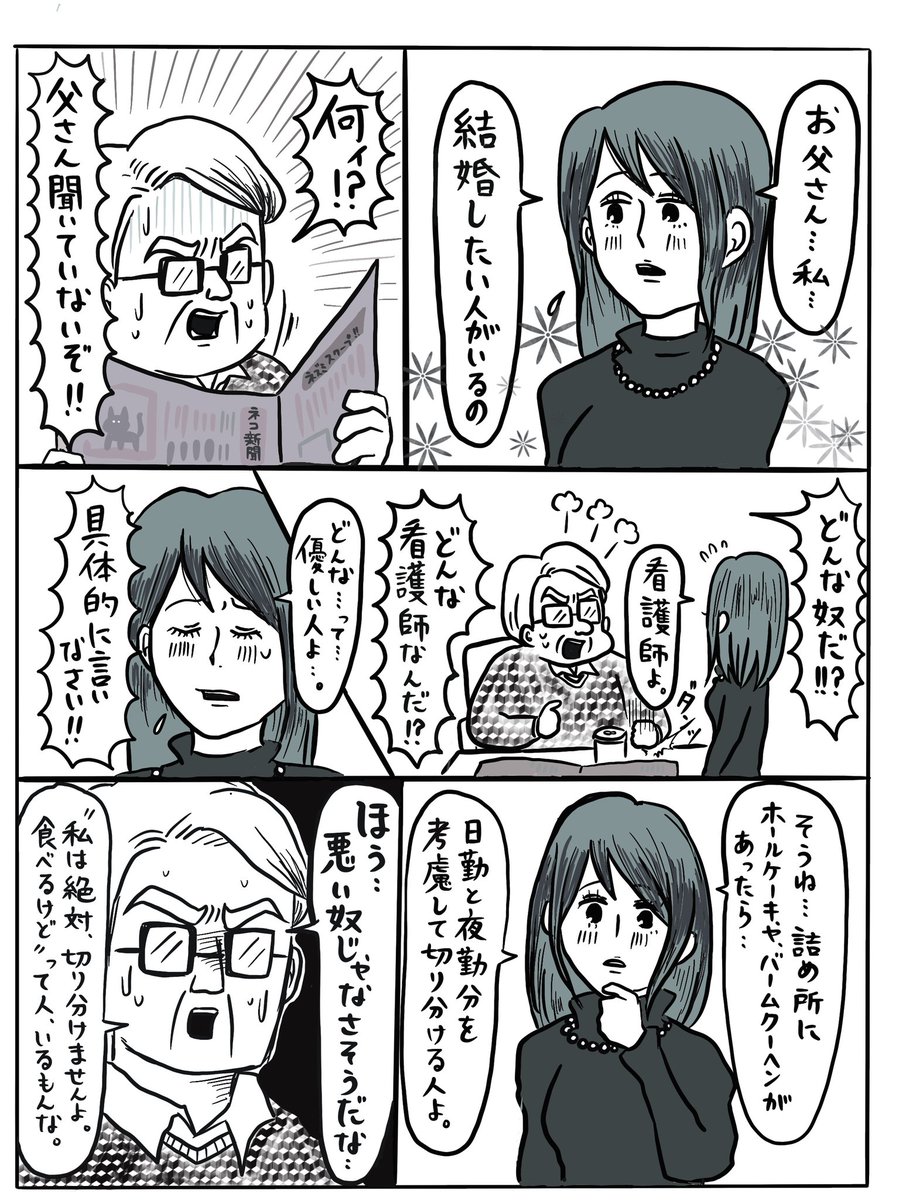 よくわからない漫画描きました…。詰め所の環境をさりげなく整えてくれている方、素敵…っていうだけの漫画。
私も、ロールケーキとか切り分けるんですけど、配分が下手すぎて笑われます。こんな私ですが、プレゼント企画に応募してくださっている… 