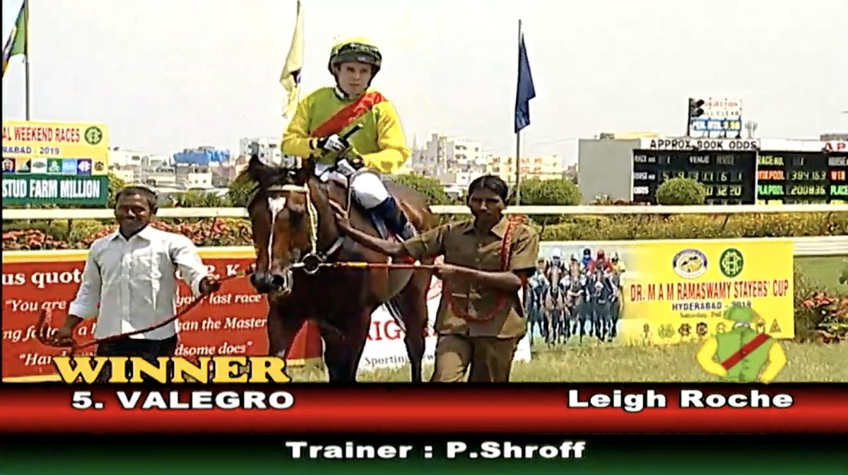 RaceMirror's tweet photo. Invitation Weekend Hyderabad Day 1:

Race 1: The Country Stud Farms Million

Winner: VALEGRO [Canford Cliffs-Choice House]
Jockey: Leigh Roche
Trainer: P. Shroff
.
.
#Valegro #LeighRoche #PShroff 
#InvitationWeekend #CountryStudFarmsMillion @LeighRoche1992 @rwitcmumbai https://t.co/e3T1fI4t6k