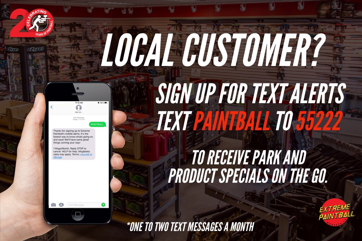 ExtremePb's tweet photo. We listened to YOU! Sign up for text alerts... Text PAINTBALL to 55222 👍 Last month we asked you, our loyal local customers if you would like emails or texts from us! Text WON so we will give this a try! 📱 
#extremepaintball #modesto #stockton #turlock #tracy #sacramento #lodi https://t.co/W1bTsV8MU9