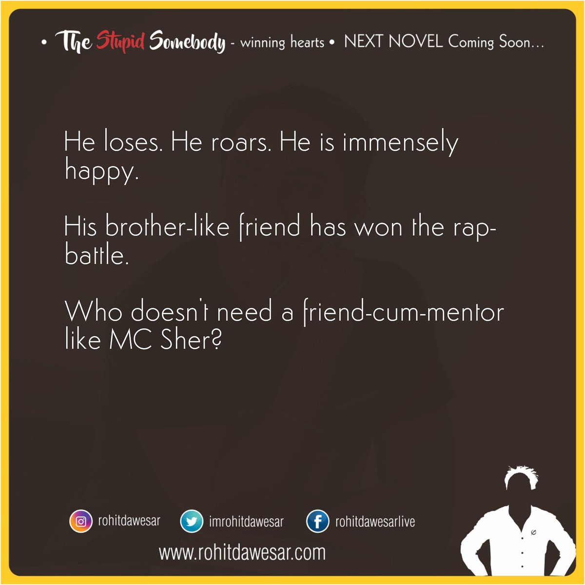 rohitdawesar's tweet photo. 'The Gully Boy's MC Sher!'
NanoTale #2 of the #NanoTaleMonth #March . π
One #NanoTale a day this month. Share whichever Tale touches your heart. π
Love β€οΈ
#ShortStories
#NoMatterWhat #RohitDawesar #MCsher #GullyBoy #siddhantchaturvedi #RanveerSingh #AliaBhatt #ZoyaAkhtar https://t.co/huCSAF2uLl