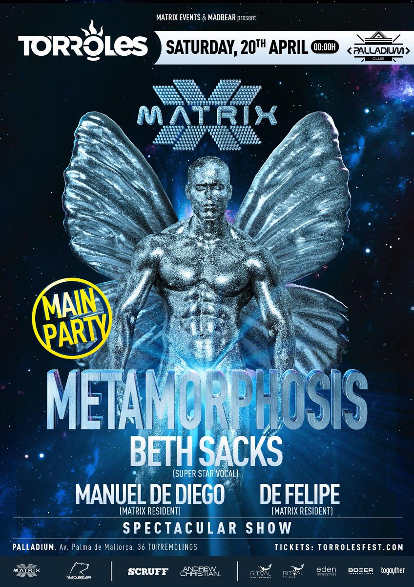 Kaesar_M's tweet photo. #TORROLESFEST presenta su #mainparty "#Matrix #Metamorphosis" 🦋 
en #Palladium el club más grande de #Torremolinos! + de 15 gogo's + Beth Sacks + Manuel De Diego + De Felipe
Compra tu entrada antes dl 4 marzo x 15€ (entrada+cons. +camiseta Matrix)  https://t.co/1Nnl2wmPX2 https://t.co/JrcuQ2UATC