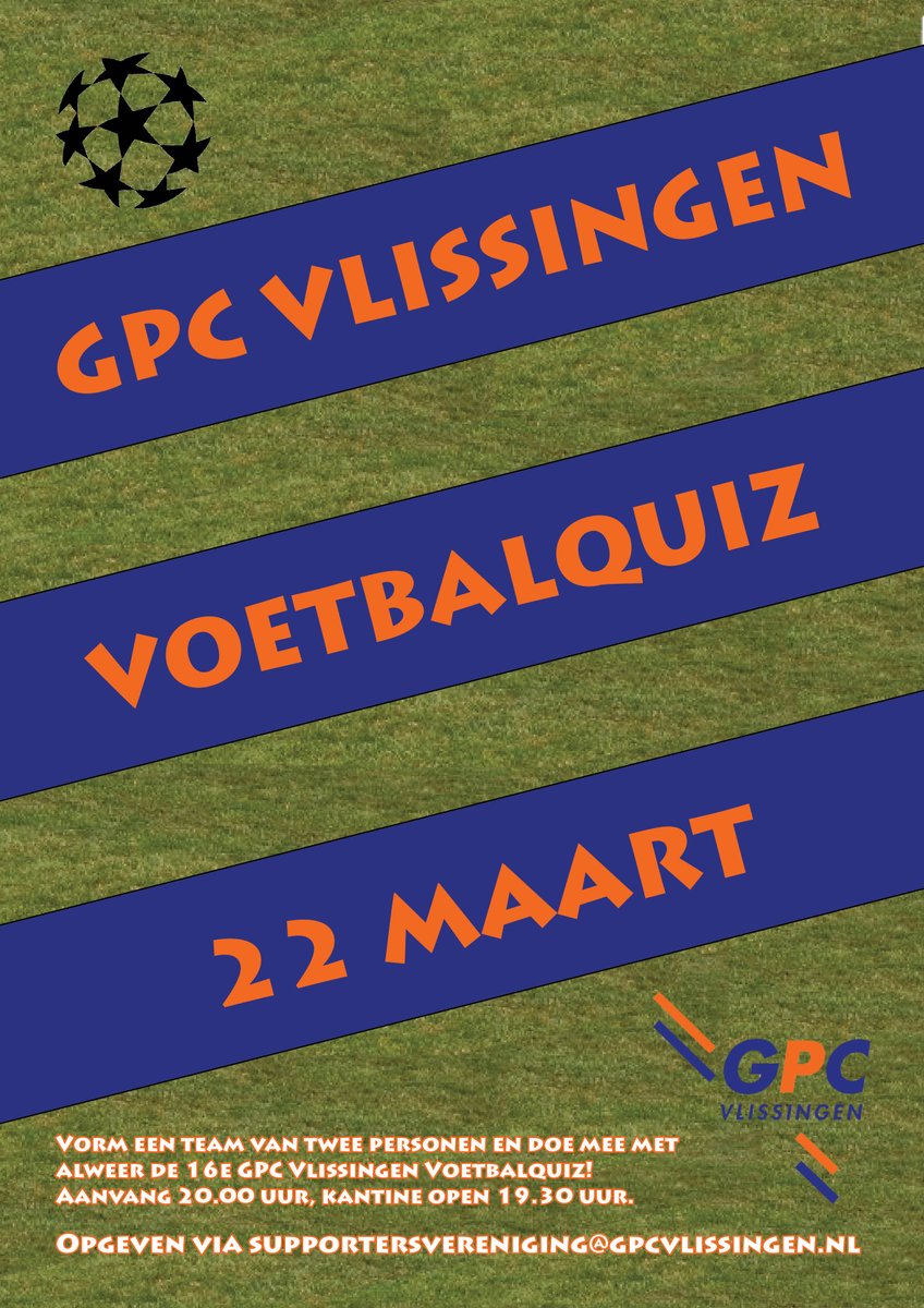 GPCVlissingen's tweet image. Op deze voetballoze zaterdag kijken we alvast even vooruit naar 22 maart, want dan is de 16e editie van de GPC Vlissingen Voetbalquiz! Opgeven kan bij de Supportersvereniging.