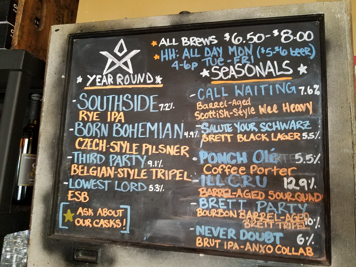 winecompass's tweet photo. Based on our lunch visit yesterday, @DenizensBrewing has a solid seasonal lineup available. The #bourbon barrel aged Call Waiting & Brett Party are excellent. The Ponch Ole tastes like a latte. And the Salute Your Schwarz is an interesting take. #thecompassapp #craftbeer https://t.co/DB4n42epj7