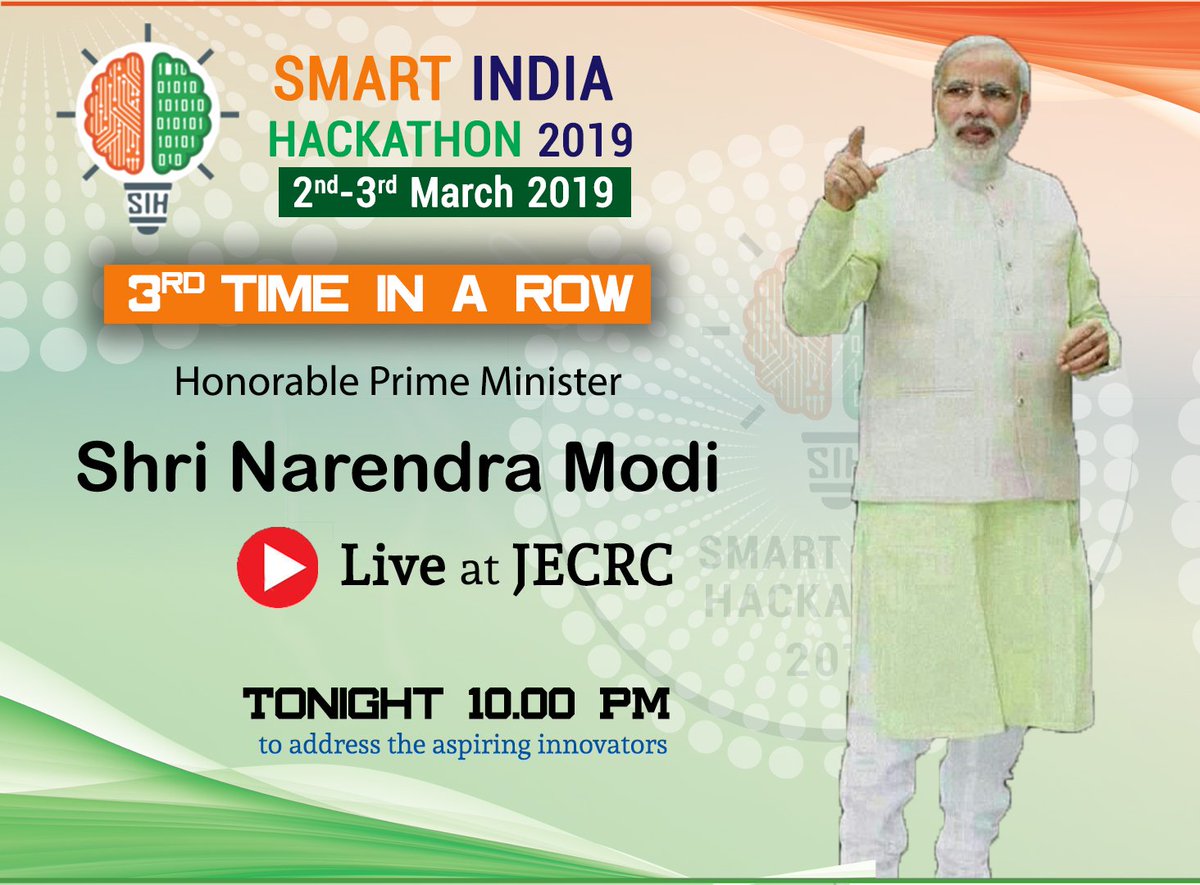 Agarwal_Arpit's tweet photo. Dear JECRCians,
Our Honorable Prime Minister Shri Narendra Modi would be LIVE at JECRC “3rd Time in a Row” tonight at 10:00 pm to address the young innovators of SIH19. 
Catch the session live from JU FB Page.
#SIH19 #MHRD #AICTE @HRDMinistry @i4CIndia @AICTE_INDIA https://t.co/KYZFy6U21y