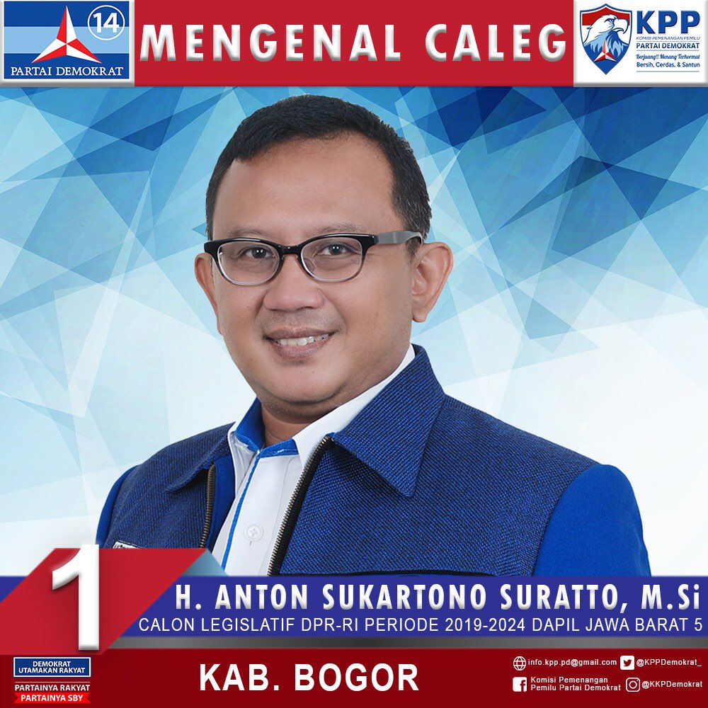 KPPDemokrat_'s tweet photo. Mengenal Caleg Fraksi Partai Demokrat :

1. H. Anton Sukartono Suratto, https://t.co/74SEnkH8cJ
(Calon Ang.Legislatif 2019-2024 Dapil Jabar V)
Beliau merupakan Ang. DPR RI Fraksi PD yg menjabat sbg Wakil Ketua Komisi V.
#Jabar  #KPPPD #partaidemokrat #S14P #mengenalcalegfpd https://t.co/2BU2I3hkk7