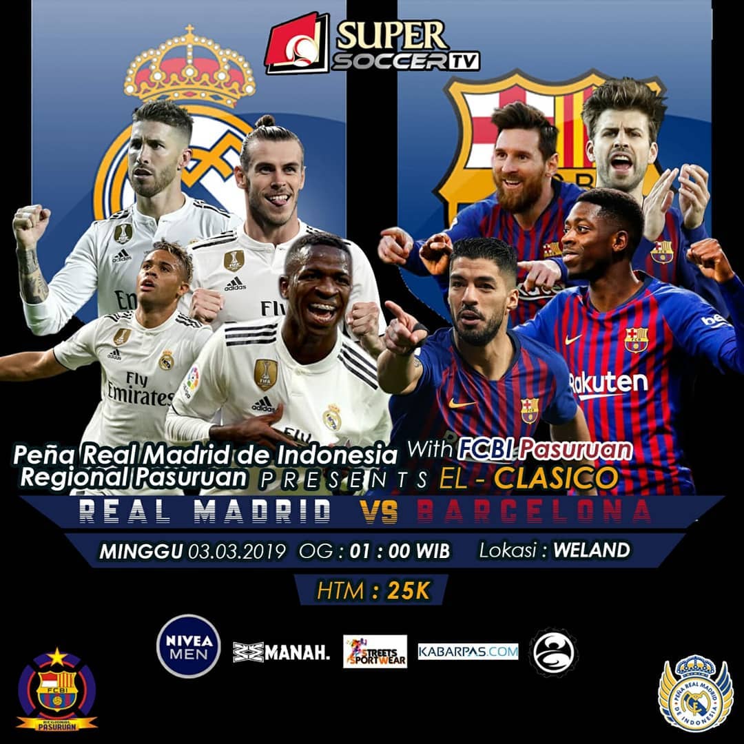 [Pasuruan] 🏃📺🙋 #NomadPRMI 
Nomad #ElClásico #RMLiga @Madrid_Pasuruan
Feat. FCBI Pasuruan

📅 Minggu dini hari, 3 Maret 2019
⏰ Open gate: 01:00 WIB
📍 Weland

#ElClásico #HalaMadrid #VamosPRMI