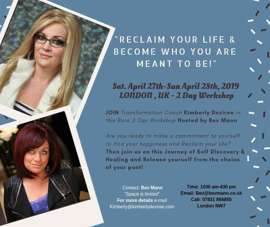 Bevmedium's tweet image. IM DELIGHTED TO ANNOUNCE that I shall be hosting Kimberly Deziree, a fabulous Life &amp;amp; Business Coach from the USA with her inspirational and unique, life changing workshop for the 1st time in London. 
RECLAIM YOUR LIFE 
Places are extremely Limited.