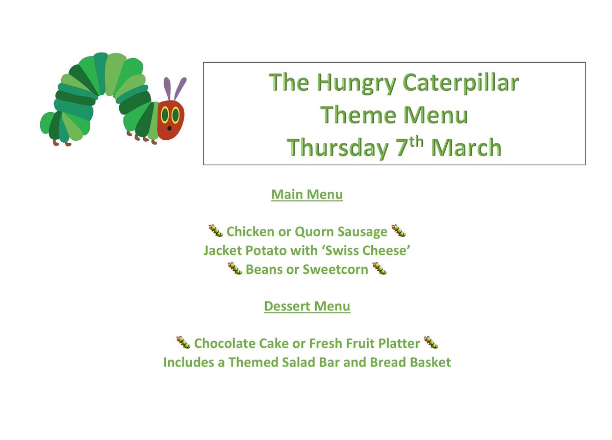 SchoolCook101's tweet photo. #worldbookday is upon us and as always The Kitchen Team are getting involved with a special Hungry Caterpillar Theme Menu. Back by popular demand #prizeplates @HeadLHS @lunch_at_LHS @LHS_Watford @MissBanksLHS m https://t.co/ga2cyf2zAK