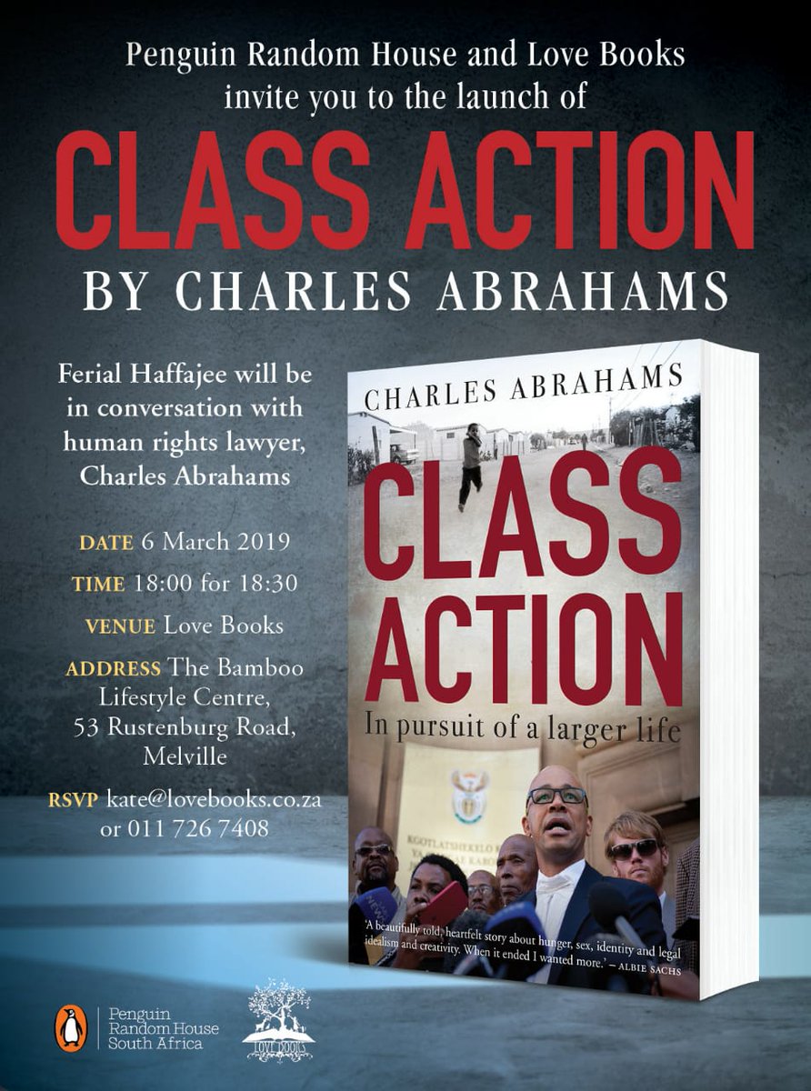 AbrahamsKiewitz's tweet photo. @ferialhaffajee in conversation with Charles Abrahams author of "Class Action: In pursuit of a larger life" in Johannesburg on Wednesday 6 March 2019 at the @LoveBooksJozi, Wednesday 6 March 2019. Published by @PenguinBooksSA  Penguin Random House South Africa. https://t.co/ugjPrzesv9