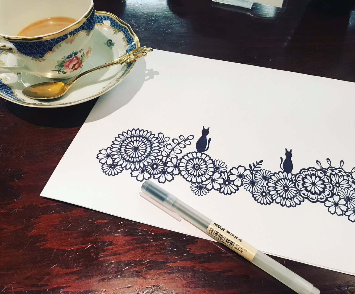Rieco 自分の誕生日の 前祝い しながらのちょっと仕事 猫 原画 ボールペンアート 無印ペン 花文様装飾工芸 Rieco 自分の誕生日の 前祝い しながらのちょっと仕事 猫 原画 ボールペンアート 無印ペン 花文様装飾工芸