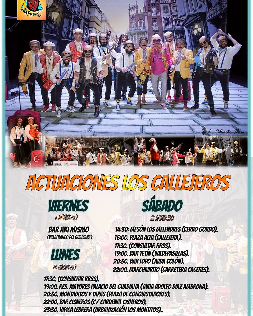 MurgaCallejeros's tweet photo. Vamos que esto acaba de empezar! Aquí tenéis los horarios de actuaciones que estos calvos tendrán en estos carnavales. #CarnavalDeBadajoz #carnavalCEX #COMBA2019 #LosCallejerosSalenPorLosPelos https://t.co/a5K9qRT4dG